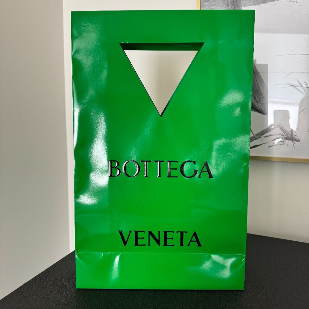 Bottega Veneta Shopping Gift Bag — Green, Black Logo, 12x19x5" Boutique